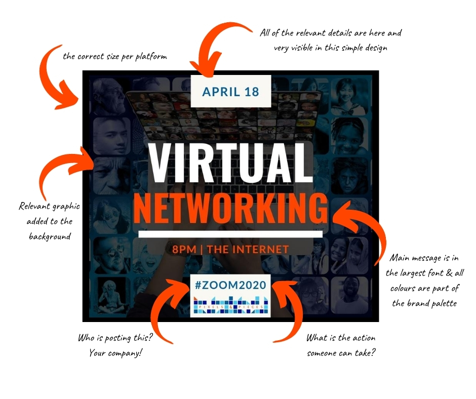 Bold text "Virtual networking" placed over a background of multiple people