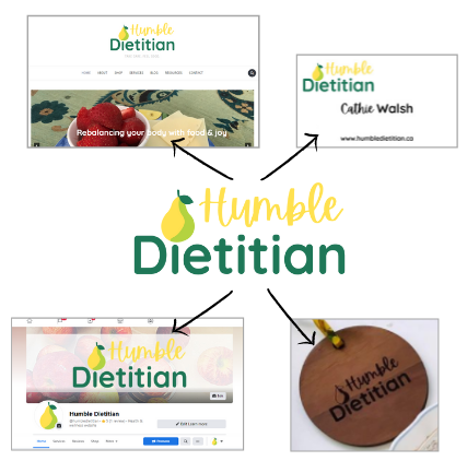the logo for humble dietitian with arrows pointing to a website, a business card, an ornament and a facebook page