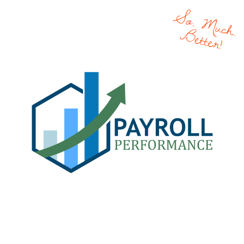 A logo with a hexagon and a graph in shades of blue with a green arrow pointing upwards and the text payroll performance on the right